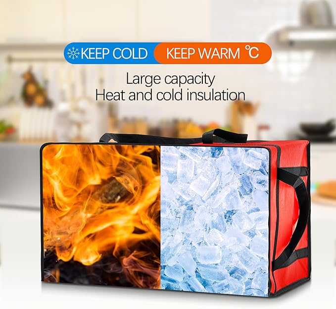 Maxcheck 2 Pcs Insulated Bags for Food Delivery XXXL Large Capacity Hot Grocery Tote Bag Reusable Warming Pizza Catering Carrier for Commercial Travel Lunch Shopping Gifts (Red)