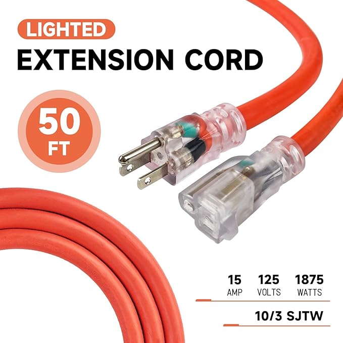 EP 50 Ft Lighted Outdoor Extension Cord - 10/3 SJTW Heavy Duty Orange Extension Cable with 3 Prong Grounded Plug for Safety, UL Listed