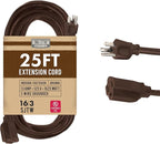 Brown Outdoor Extension Cord 25 ft, 16/3 Heavy Duty Cable with 3 Prong Grounded Plug, 13 AMP Weatherproof Exterior Cable 3 Prong 25 Foot for Deck, Patio, Garden, Lawn & Landscaping