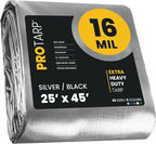 PROTARP Extra Heavy Duty 16 Mil Tarp Cover, Waterproof, UV Resistant, Rip and Tear Proof, Poly Tarpaulin with Reinforced Edges for Roof, Camping, Patio, Pool, Boat. (Silver/Black 25′ X 45′)