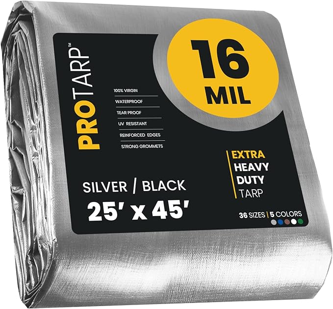 PROTARP Extra Heavy Duty 16 Mil Tarp Cover, Waterproof, UV Resistant, Rip and Tear Proof, Poly Tarpaulin with Reinforced Edges for Roof, Camping, Patio, Pool, Boat. (Silver/Black 25′ X 45′)