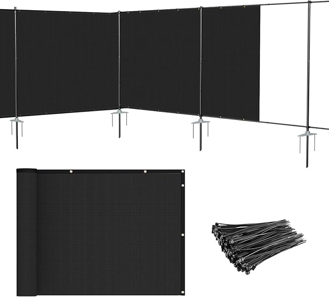 Patio 6' x 59' Outdoor Privacy Screen Freestanding Temporary Fence Panels Net Cover with Metal Poles for Outside Backyard Pool Garden Air Conditioner Fencing, Black