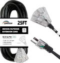 3-Outlets Indoor Outdoor Extension Cord Weatherproof with Lighted End, UL Listed, 10 Gauge 25FT Black 3 Prong Heavy Duty, 10/3 SJTW 15A Power Cord