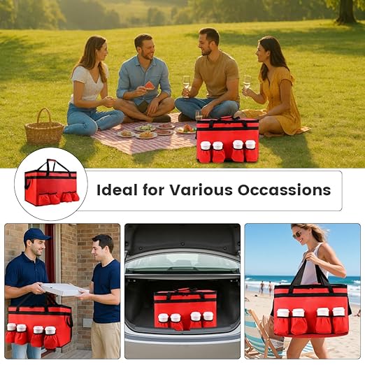 Insulated Food Delivery Bag with 4 Cup Holders, XXX-Large Insulated Grocery Bags Keep Food Hot/Cold, Cooler Bags with Drink Carrier, Food Carrier Catering Bag, Commercial Food Warmers, Red