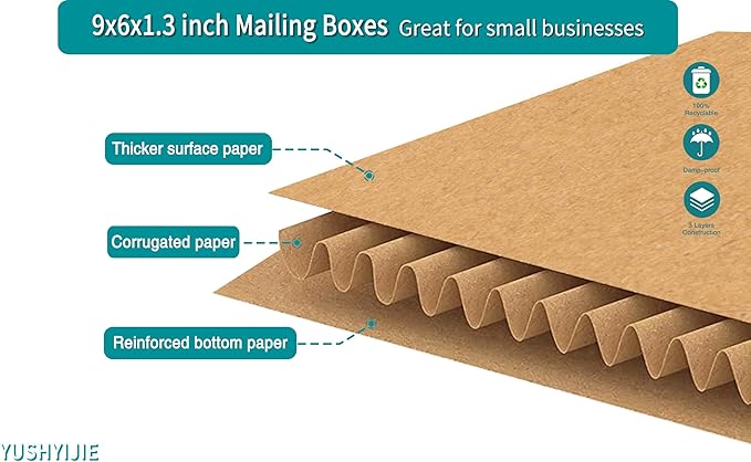 9x6x1.3 inch Small Shipping Boxes, Multi-Depth Flat Cardboard Boxes with Fragile Stickers for DVD Shipping, Packing, Moving, Storage, Brown, 25 Pack