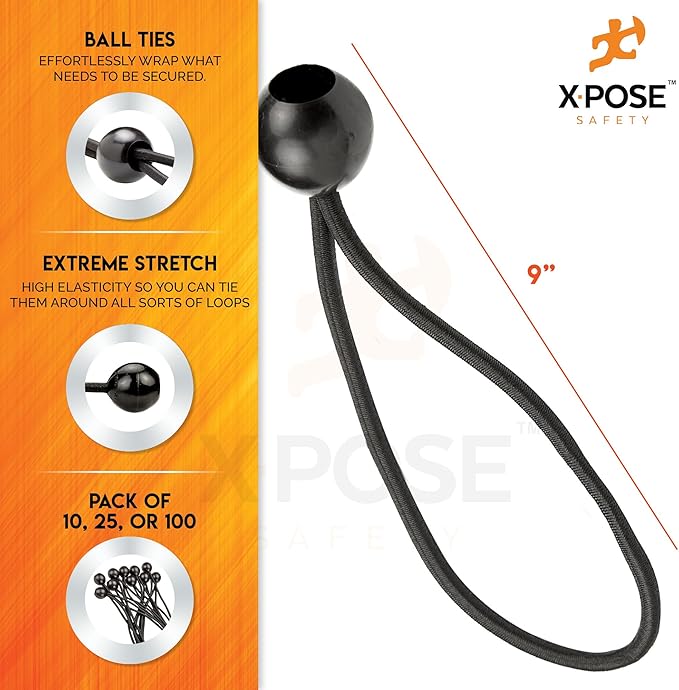 Xpose Safety Bungee Ball Cords 9" 25 Pack Heavy Duty Black Stretch Rope with Ball Ties for Canopies, Tarps, Walls, Cable Organization