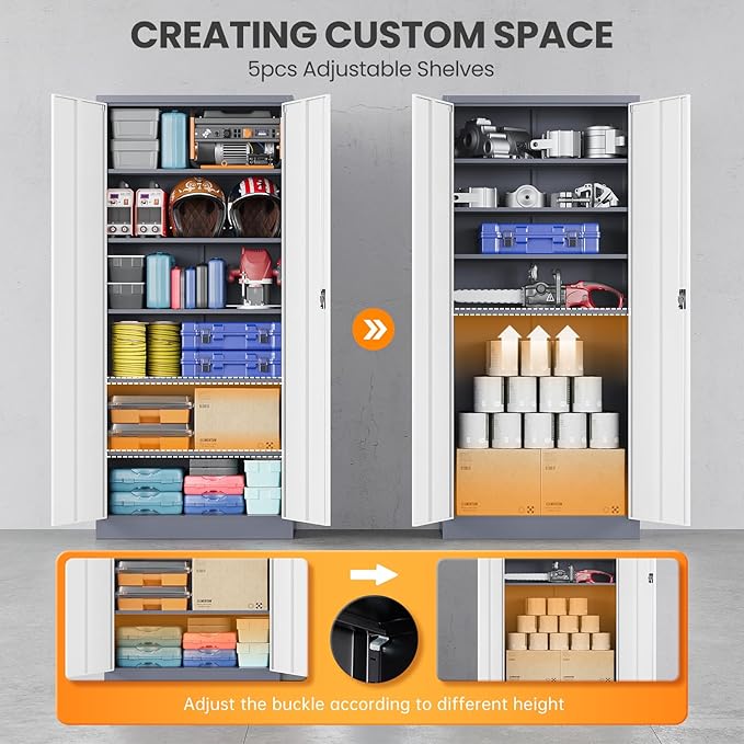 Metal Garage Storage Cabinets with Lock, 72" Tall Tool Cabinet with 2 Door and 5 Adjustable Shelves, Locking Garage Cabinets and Lockable Steel Locker for Home Office Warehouse-(Gray White-72”H)
