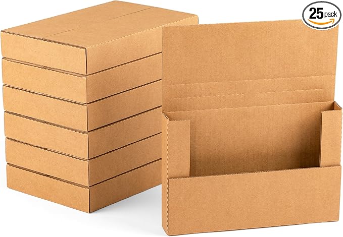 9x6x1.3 inch Small Shipping Boxes, Multi-Depth Flat Cardboard Boxes with Fragile Stickers for DVD Shipping, Packing, Moving, Storage, Brown, 25 Pack
