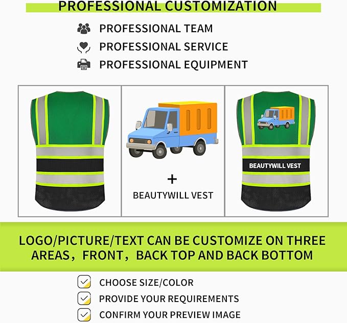 BeautyWill Custom Logo Safety Vest Class 2 High Visibility Reflective Vest for Men - Personalized Logo Team Vest