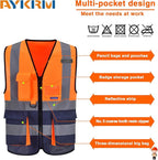 A-SAFETY High visibility vest,Reflective Safety Vest Workwear 7 Pockets Hi Vis Durable Vest with Reflective Tapes 4 Lower Pockets,Orange&Navy XXL