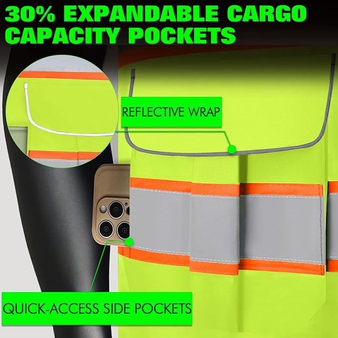 BeautyWill Custom Logo Safety Vest 8 Pockets Class2 ANSI Certified High Visibility Reflective Vest for Men - Personalized Logo Heavy-Duty Work Vest（Yellow，S）