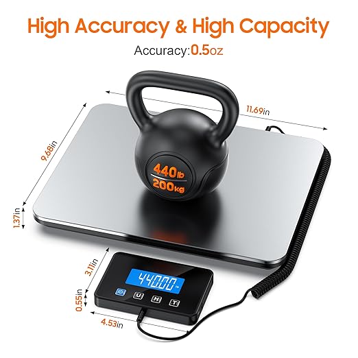 Shipping Scale, 440 LB Heavy Duty Postal Scale for Packages, Large Mailing Scale for Postage, Industrial, Small Business, Laundry, Warehouse, Stainless Steel Over Load Protection & Dual Powe