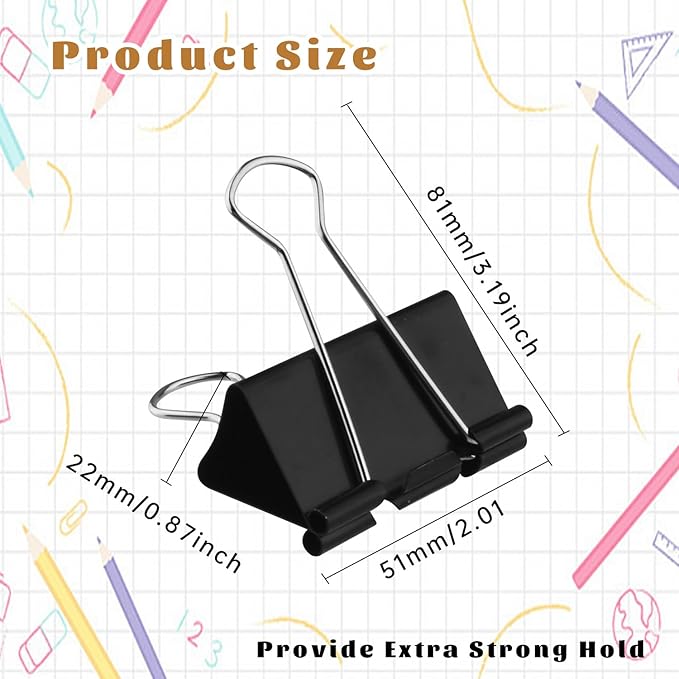 Large Heavy Duty Clips 2 Inch Black Extra Large Paper Clips Big Size Paper Clamps Metal Clips for Binder Clips Office and Home Supplies - 72 Pcs