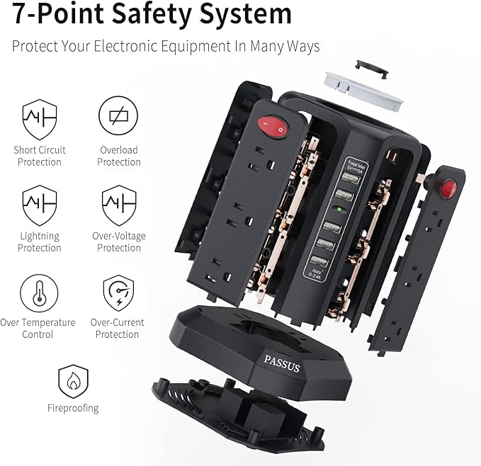 PASSUS Surge Protector Power Strip with 5 USB Ports and Night Light,10FT Braided Extension Cord with 12 AC Multiple Outlets, Power Tower Overload Protection for Home Office Dorm Room Essentials