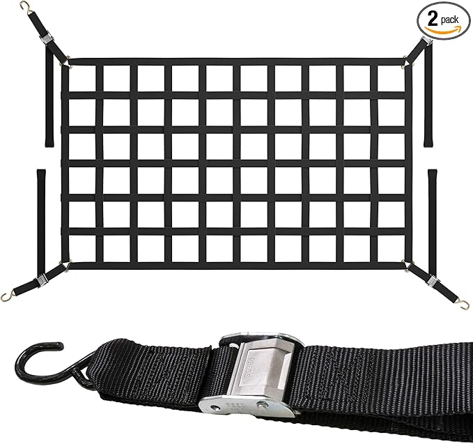 US Cargo Control Cargo Nets for Pickup Truck Bed 6.8 FT x 4.2 FT (2-Pack), Adjustable Truck Cargo Nets with S-Hooks & Cam Buckles, Fits Long Pickup Beds - Can Also Use in Trailers, Garages, Sheds