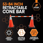 Retractable Barrier for Safety Traffic Cones - 2" OD - Large Yellow and Black Bar Barricade - for Road Construction, Parking, Warning, Temporary Security Divider (100, Orange & White, 53" x 84")