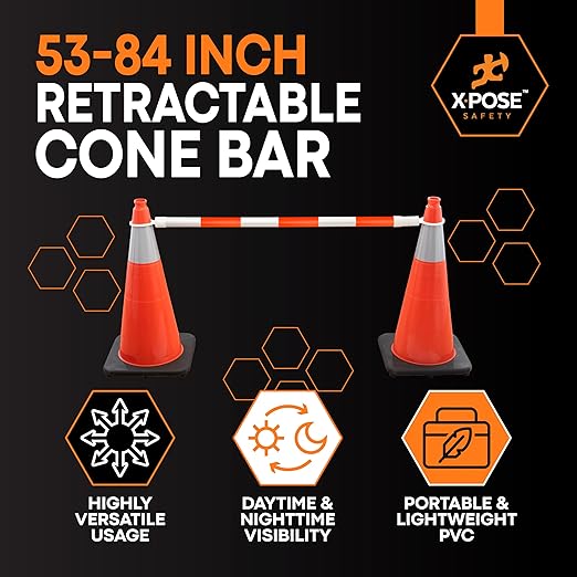 Retractable Barrier for Safety Traffic Cones - 2" OD - Large Yellow and Black Bar Barricade - for Road Construction, Parking, Warning, Temporary Security Divider (720, Orange & White, 53" x 84")