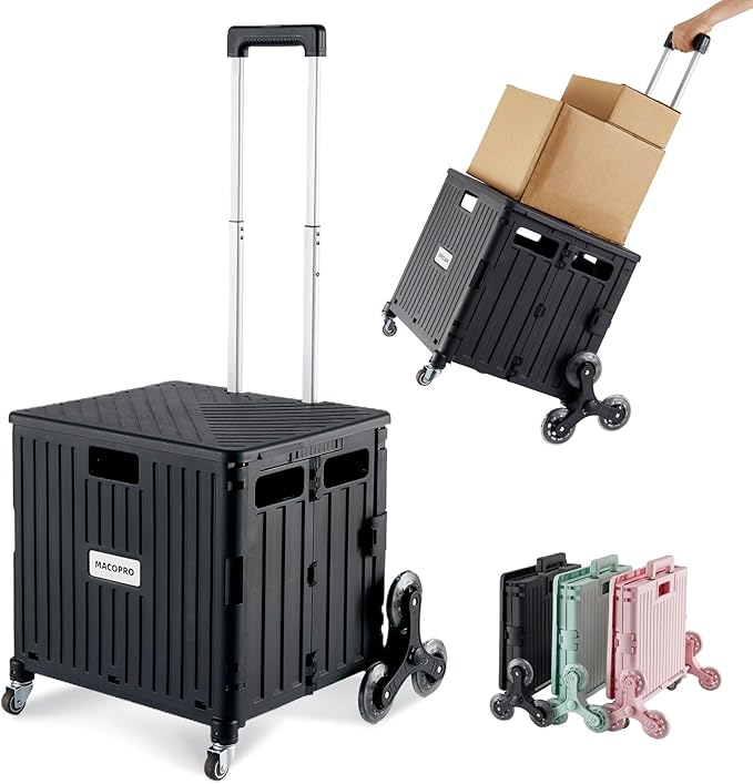 Foldable Utility Cart with Stair Climbing Wheels, Collapsible Rolling Crate with Telescoping Handle, Folding Shopping Trolley Handcart Grocery Book File Tool Teacher Storage Basket (Black)