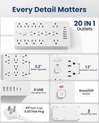 Surge Protector Power Strip-14 Outlets and 6 USB Ports, 6 Feet Flat Plug Extension Cord, 1850 Joules, White, ETL Listed for Home, Office, Dorm Room