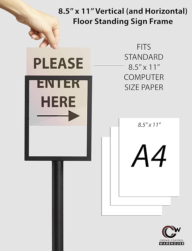Crowd Control Warehouse Pedestal Standing Floor Sign Frame with Sloped Base, 8.5x11 Inch Vertical, Black Powder Coated Steel