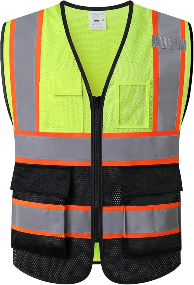 Reflective Mesh Safety Vest for Men Women with 5 Pockets and Zipper Front High Visibility Mesh Vest Hi Vis Construction Work Vest,Meets ANSI/ISEA Standards(EK175-Yellowblack-M)