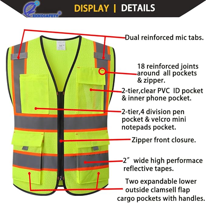 9 Pockets High Vis Safety Vest for Men with Double Stitching Knots around All Pockets and Zipper Edges Mesh Class 2 High Visibility Reflective Vest,Meets ANSI/ISEA Standards(EK176-Yellow-L)