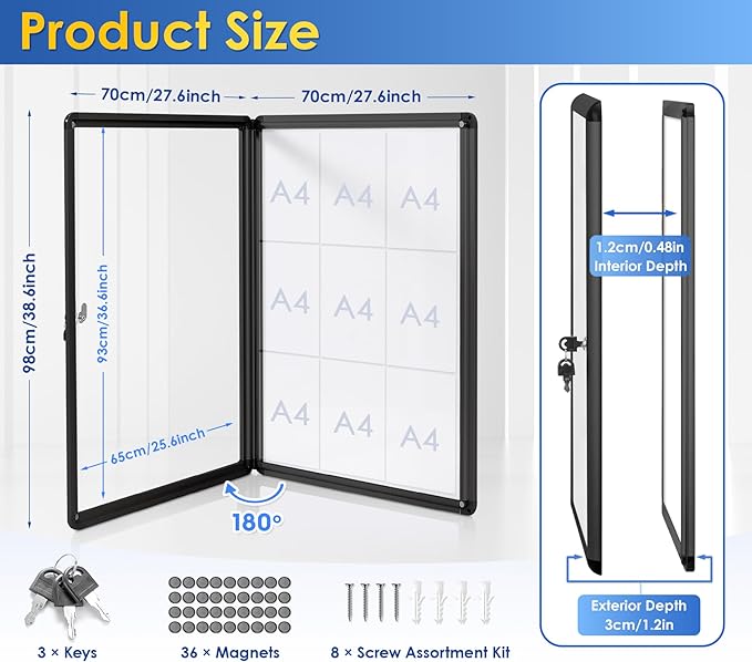 SWANCROWN Enclosed Bulletin Boards Magnetic Glass Covered Notice Information Cabinet with Aluminum Frame 38x28inch (9xA4)