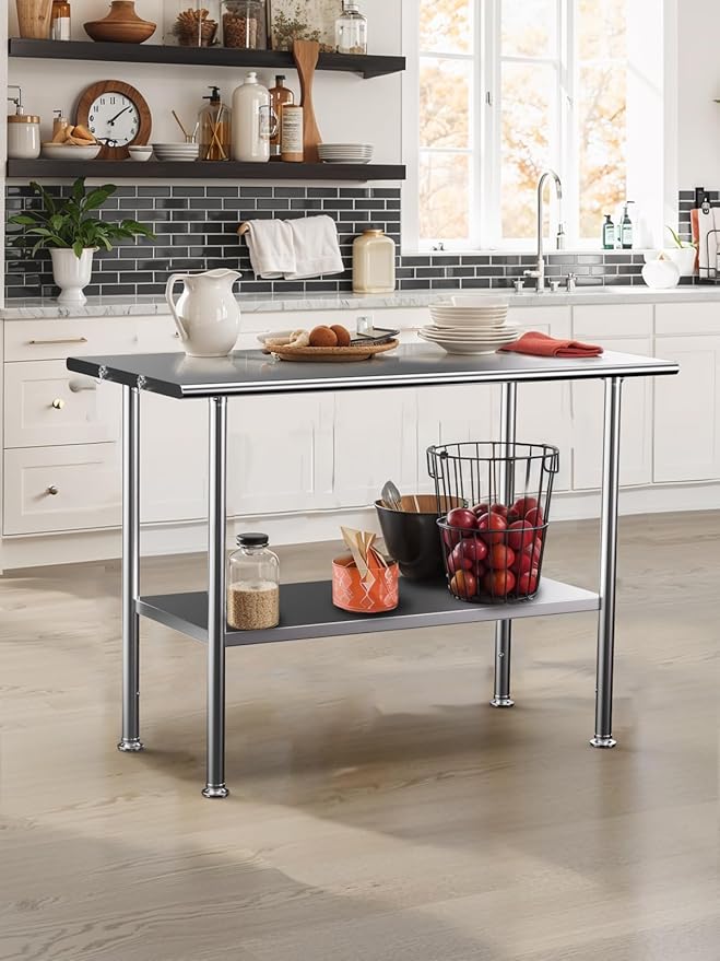 Stainless Steel Prep Table for Work, 24 * 48 Inch, High Load Bearing with Undershelf for Outdoor, Restaurants, Workshops, Kitchens, Garages and Gardens
