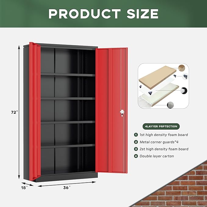 Greenvelly Metal Garage Storage Cabinet, 72" Black Red Tool Steel Locking Cabinets with Doors and 4 Shelves, Tall Cabinets for Garage Storage Systems Lockable File Cabinet for Home Office,Garage