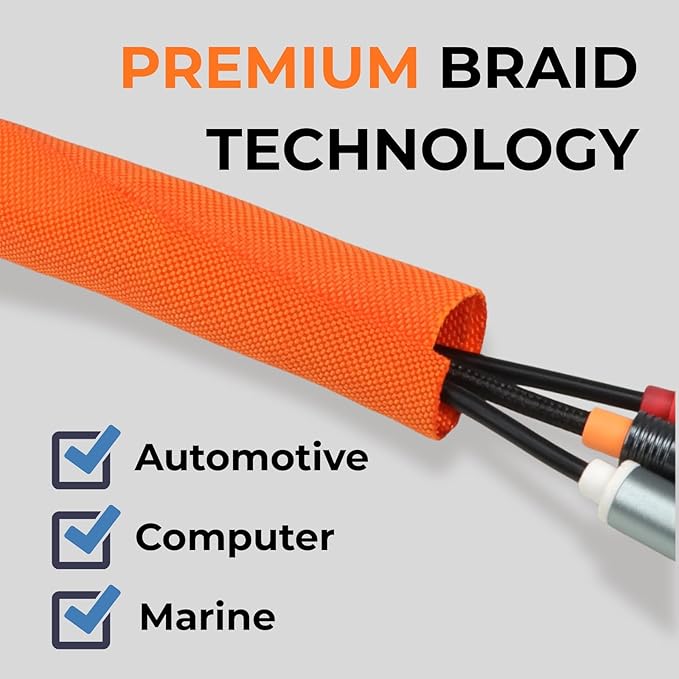 1 inch Split Braided Cable Management Sleeve for USB Cable Power Cord Audio Video Cable, Wire Loom Cord Protector from Cat Dog Chewing (Orange, 25FT)