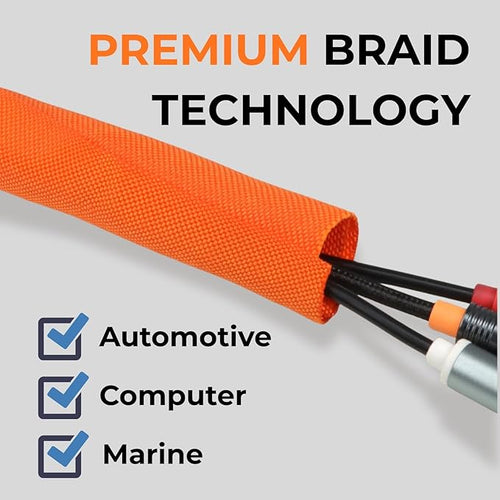 1 inch Split Braided Cable Management Sleeve for USB Cable Power Cord Audio Video Cable, High-Temperature Automotive Harness Wire Loom Cord Protector from Cat Dog Chewing (Orange, 10FT)