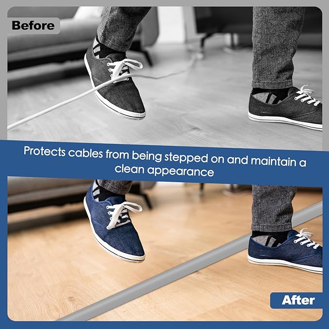 Floor Cord Cover for Wires on Floor Self Adhesive Cord Hider Floor Cable Management Wire Covers for Cords Protector Prevent Cable Trips Cord Cavity W 0.51" x H 0.31", Gray, 3.3Ft