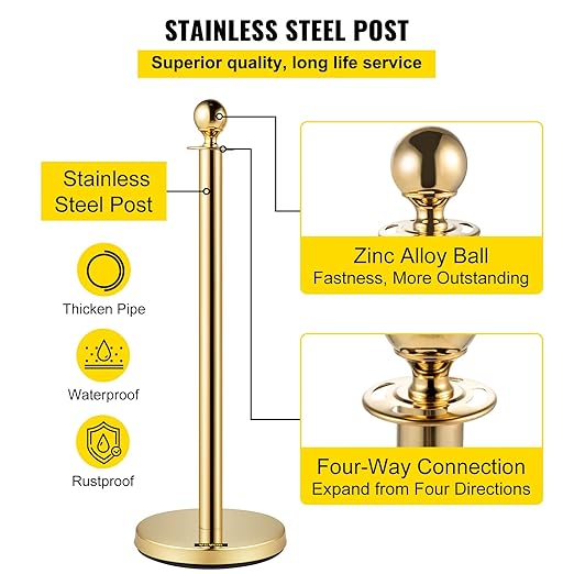 VEVOR Stanchions and Velvet Ropes 4Pcs, Solid Base with Stainless Steel Post, 5ft Red Velvet Ropes and Posts, Crowd Control Barriers Gold Stanchions, Red Carpet Runner Poles for Party Supplies