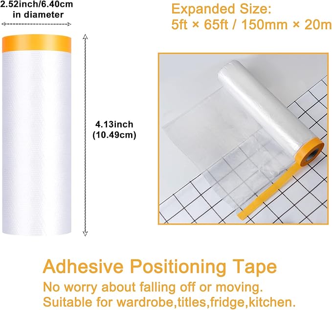 Muf 5 x 65 Feet Plastic Drop Cloth Plastic Sheeting with Masking Tape,Waterproof Protective Masking Film,Prevent Dust Paint for Car,Furniture,Carpet,Floor,2 Pack