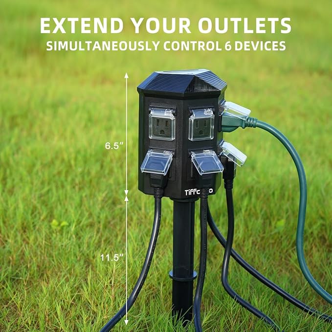 TiFFCOFiO Outdoor Power Strip with Stake Waterproof, 10 FT Extension Cord, 6 Grounded Outlets for Outdoor Lights, 14 AWG, 15A/1875W, ETL Listed (40 FT)