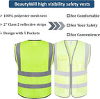 BeautyWill Custom Logo Mesh Safety Vest Class2 High Visibility Reflective Vest with 5 Pockets Construction Security Work Vest ANSI/ISEA Standards（Yellow，4XL ）