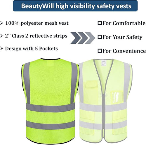 10 Pack Mesh Safety Vest Custom Logo High Visibility Reflective Vest with Pockets Security Work Vest（Yellow，M）