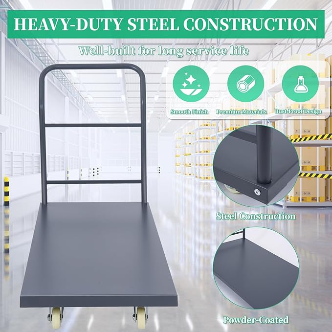 Heavy Duty Flatbed Cart 48"x24" Platform Truck, 2000 lbs Capacity Steel Hand Truck with 4 Swivel Wheels, Industrial Utility Push Cart for Warehouse, Garage, and Moving Supplies