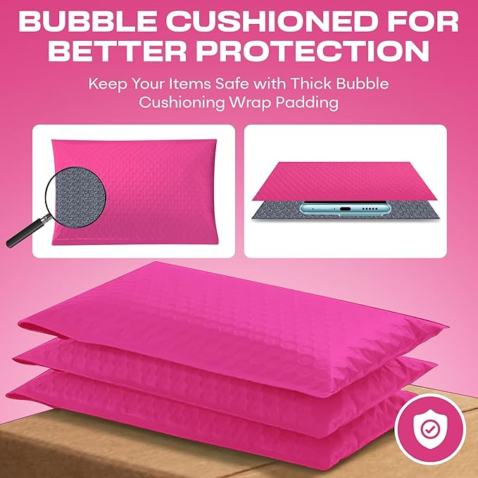Hot Pink Poly Bubble Mailers 8.5x12 inch #2 | Self Seal Padded Envelopes | Cushioned Bubble Mailer | Usable Size 8.5x11 | WaterProof | Lightweight mailing Shipping Bags | 200 Pack Bulk