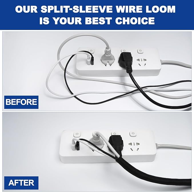 Split-Sleeve Wire Loom for High-Temperature Automotive Harness and Home Cable Management, 25ft - 1/8 inch Braided Cable Management Sleeve Cord Protector, Self-Wrapping Split Wire Loom