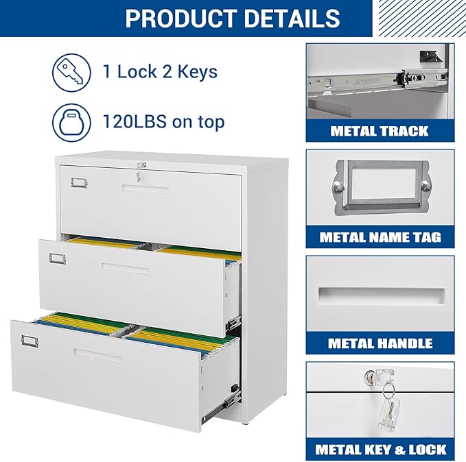 Lateral File Cabinet with Lock, 3 Drawer Large Metal Filing Cabinet,Home Office Lockable Storage Cabinet for Hanging Files Letter/Legal/F4/A4 Size-Assembly Required
