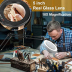 VEEMAGNI 10X 5 Inch Large Real Glass Magnifying Glass with Light and Stand, 5 Color Modes Stepless Dimmable, 2*16 Inch Swivel Arm LED Clamp Desk Lamp, Hands Free Lighted Magnifier for Close Work Craft