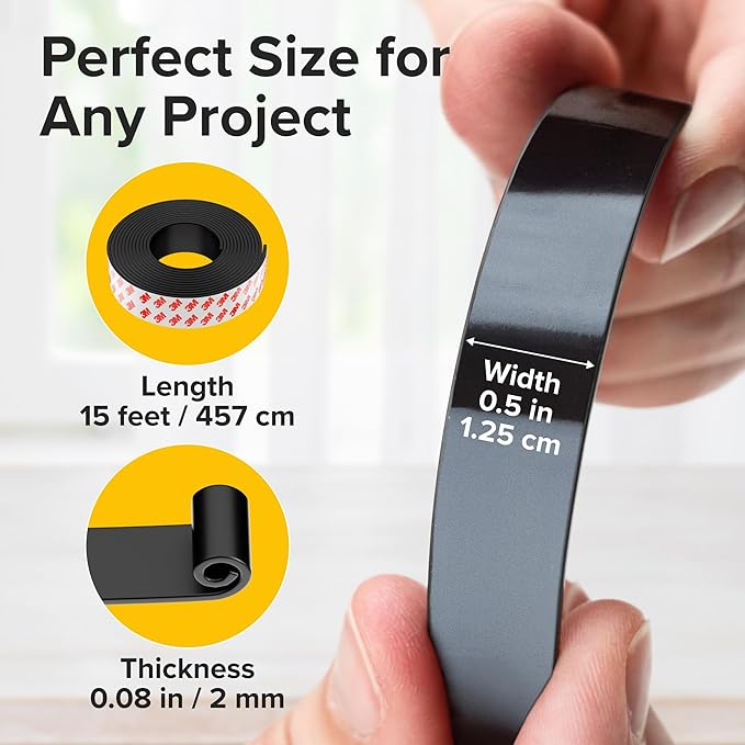 Super Sticky Magnetic Tape (15 ft x 0.5 in) - Stong Magnet Strip with Adhesive Backing - Easy to Cut and Mount on Fridges, Whiteboards & More