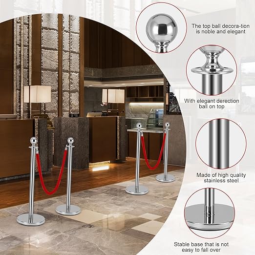 4 Pack Silver Stanchion Posts, Stanchions and Velvet Ropes, Queue Barrier Line Divider with Fillable Plastic Base for Sand or Water, Suits for Airport,Parties,Grand Opening,Casino,Bank
