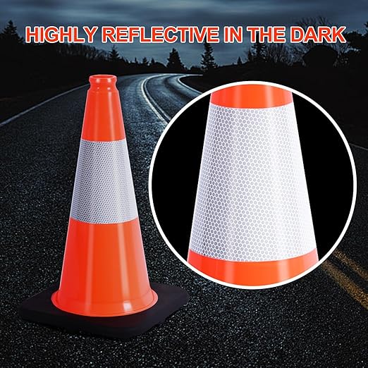 (8 Cones) BESEA 18" inch Traffic Cones Traffic Safety Cones Black Base Construction Road Parking Cone with 6" Highly Reflective Collar(8 Pack)