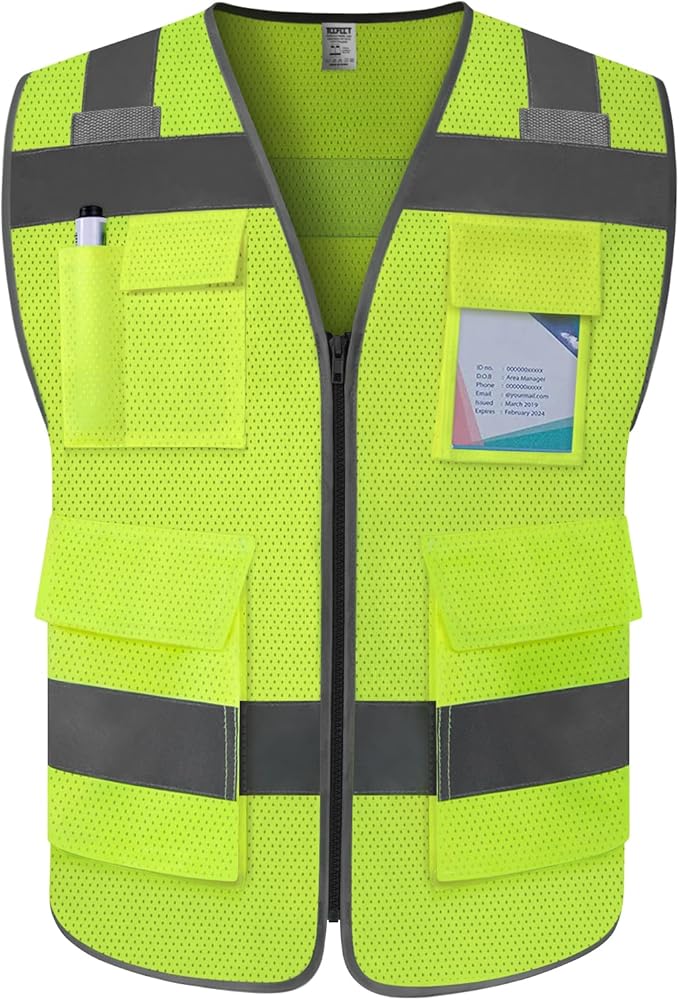 TCCFCCT Mesh Reflective Safety Vest with 5 Pockets High Visibility Vest for Men Women, Work Vest with Horizontal Strip for Walkie-talkie and ID Card, Meets ANSI/ISEA Standards, Yellow, 4XL