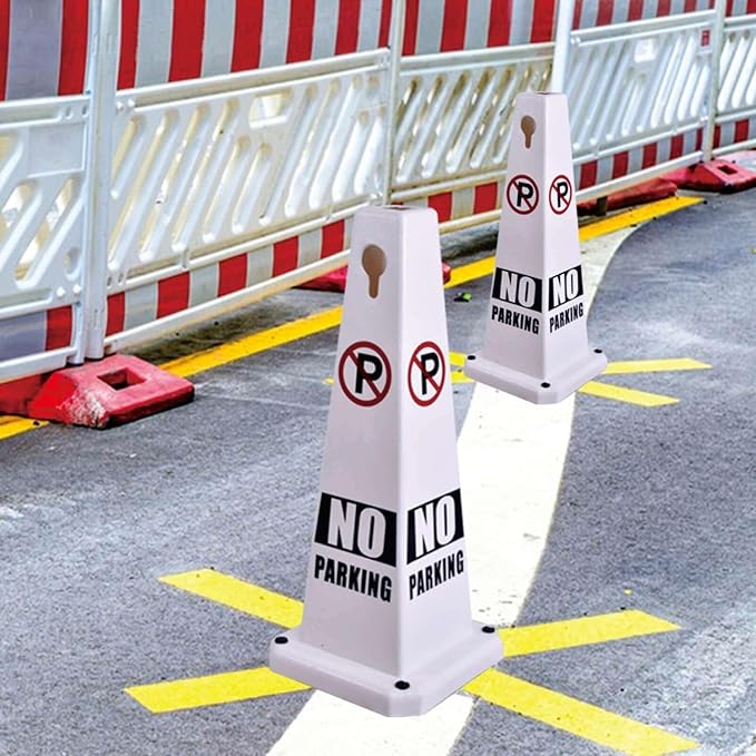 No Parking Sign, 26.4-Inch Traffic Safety Cone, White Plastic, High-Visibility, Weatherproof, Slip-Resistant Base, Stackable, Indoor Outdoor Use-4Pack