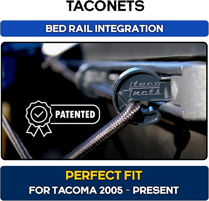 Cargo Net for Toyota Tacoma Long Bed - Fits 2005-2025 - Patented Bed Rail Integration - Heavy Duty 8mm Premium Bungee 3'x5' Cargo Netting - Designed in USA