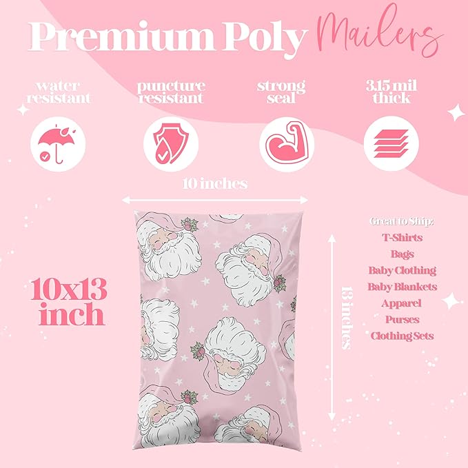 14.5x19 Designer Christmas Holiday Poly Mailers 100 Pack Heavy Duty Waterproof Self Seal Shipping Bags Large Mailing Envelopes Bulk Tear Resistant Cute Packaging Pink Santa