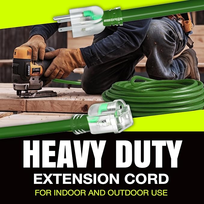 25ft Outdoor/Indoor Extension Cord 14/3 Gauge Heavy Duty 3 Prong SJTW, Waterproof, Flexible Cold-Resistant Long Power Cord,15A 125V 1875W, Green by LifeSupplyUSA